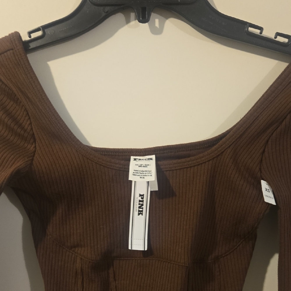 PINK Victoria's Secret Brown Ribbed Off-Shoulder Bodycon Dress